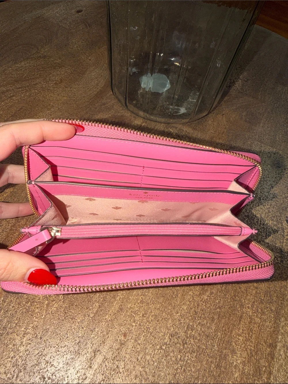 kate spade Pink Saffiano Zip Wallet with Gold Logo